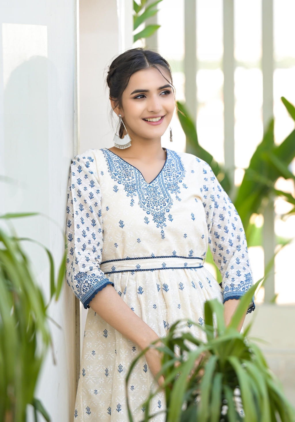 Juniper Serene Ivory Indigo Mughal Motif Cotton Midi Dress - Distacart