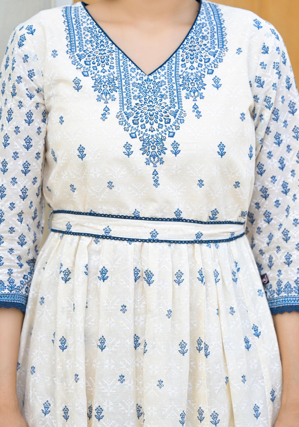 Juniper Serene Ivory Indigo Mughal Motif Cotton Midi Dress - Distacart