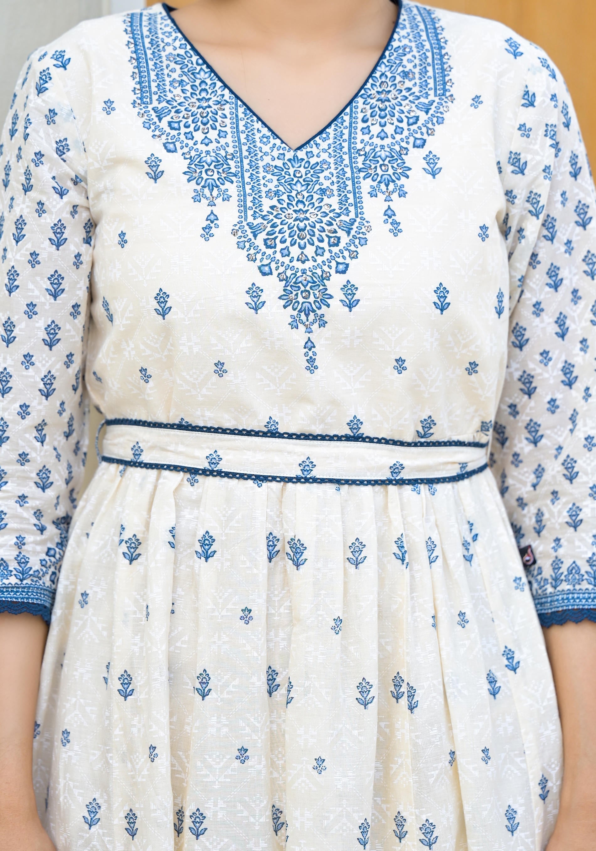 Juniper Serene Ivory Indigo Mughal Motif Cotton Midi Dress - Distacart