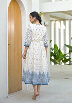 Juniper Serene Ivory Indigo Mughal Motif Cotton Midi Dress - Distacart