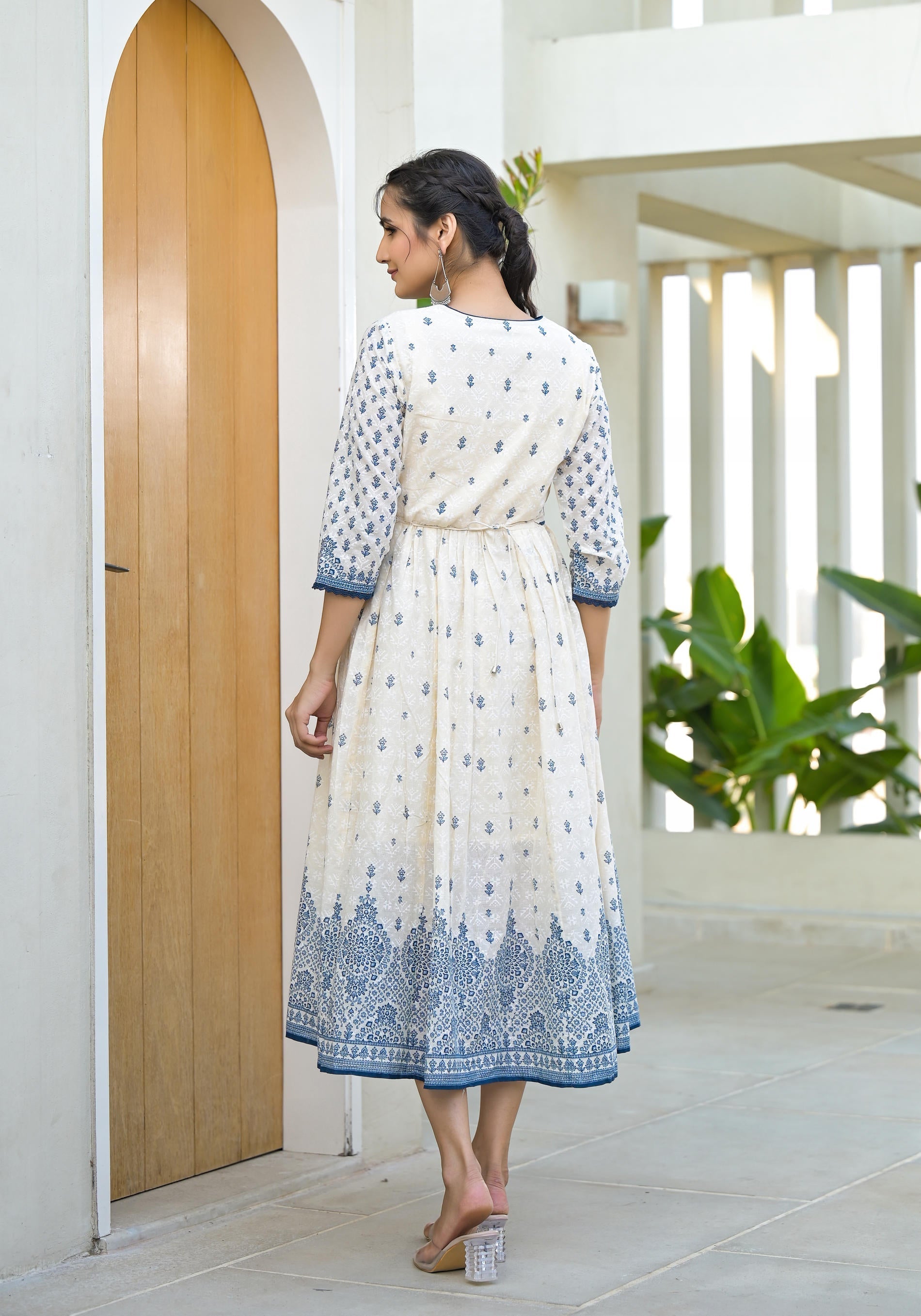 Juniper Serene Ivory Indigo Mughal Motif Cotton Midi Dress - Distacart