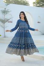 Juniper Indigo Ethnic Motif Printed Cotton Long Dress With Sequins & Thread Work - Distacart