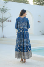 Juniper Indigo Ethnic Motif Printed Cotton Long Dress With Sequins & Thread Work - Distacart