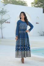 Juniper Indigo Ethnic Motif Printed Cotton Long Dress With Sequins & Thread Work - Distacart