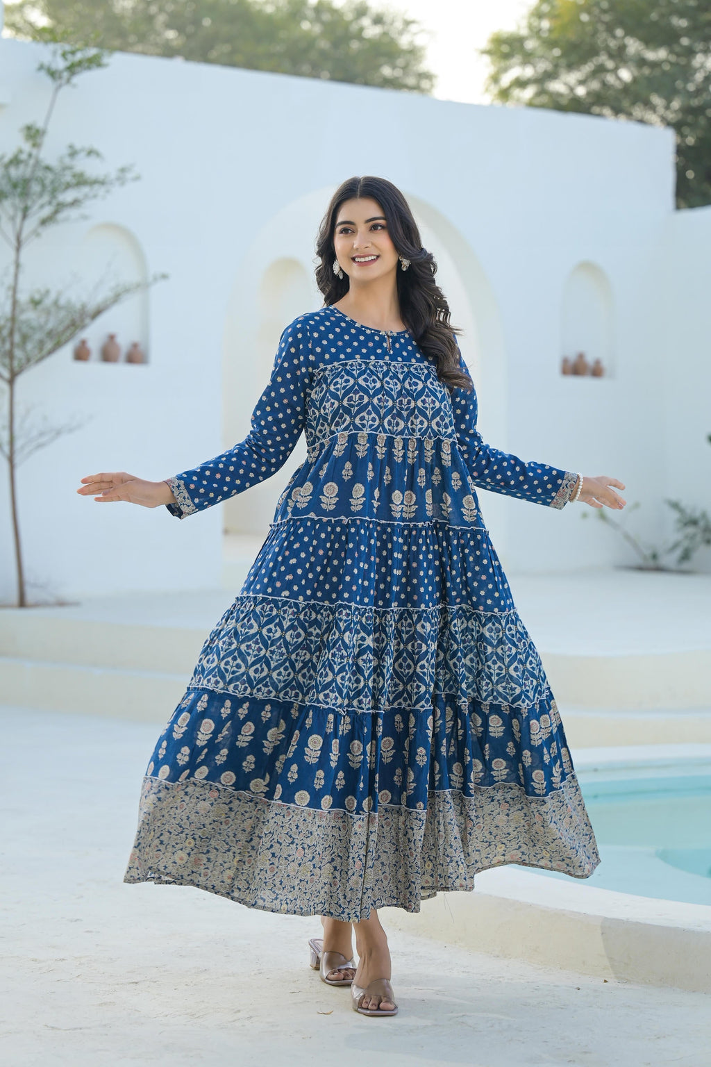 Juniper Indigo Ethnic Motif Printed Cotton Long Dress With Sequins & Thread Work - Distacart