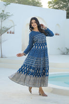 Juniper Indigo Ethnic Motif Printed Cotton Long Dress With Sequins & Thread Work - Distacart