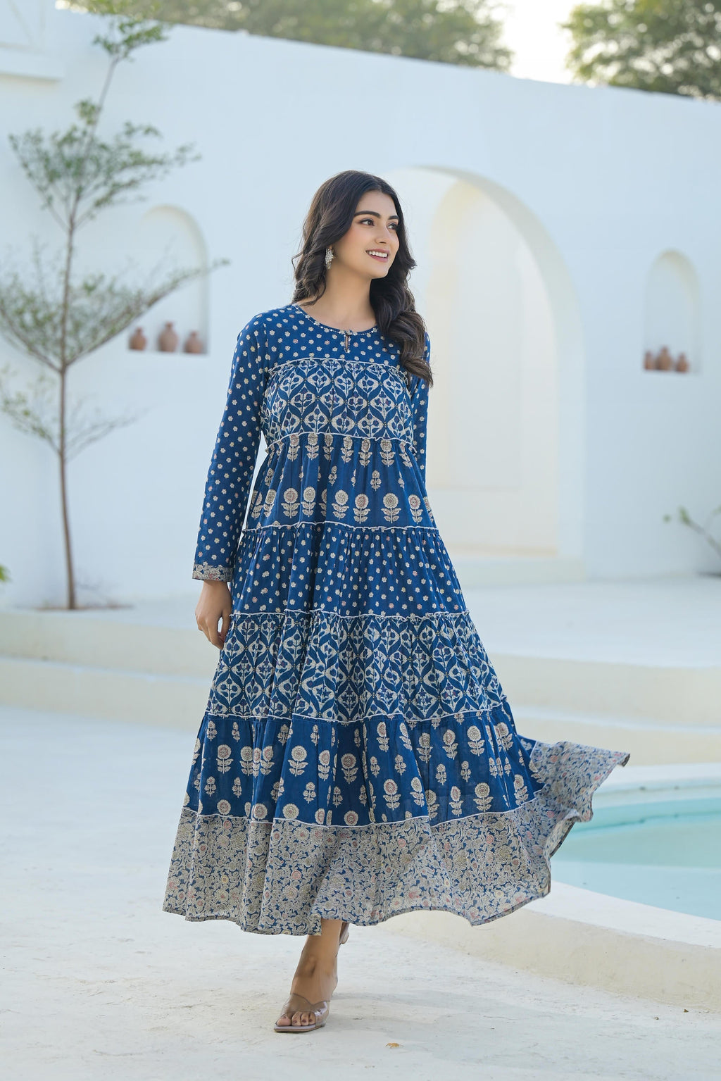 Juniper Indigo Ethnic Motif Printed Cotton Long Dress With Sequins & Thread Work - Distacart