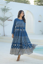 Juniper Indigo Ethnic Motif Printed Cotton Long Dress With Sequins & Thread Work - Distacart