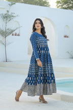 Juniper Indigo Ethnic Motif Printed Cotton Long Dress With Sequins & Thread Work - Distacart