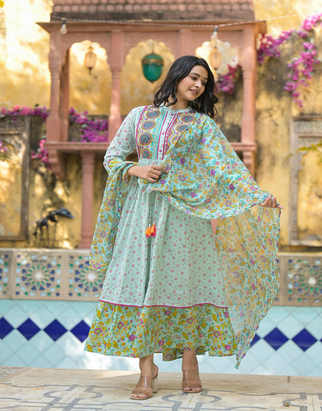 Juniper Mint Green Floral Long Dress With Dupatta - Distacart