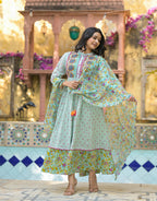 Juniper Mint Green Floral Long Dress With Dupatta - Distacart