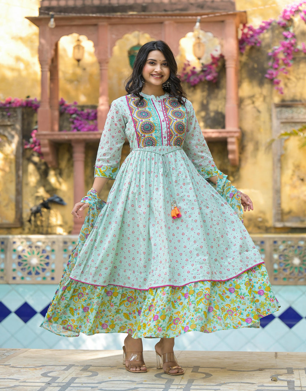 Juniper Mint Green Floral Long Dress With Dupatta - Distacart