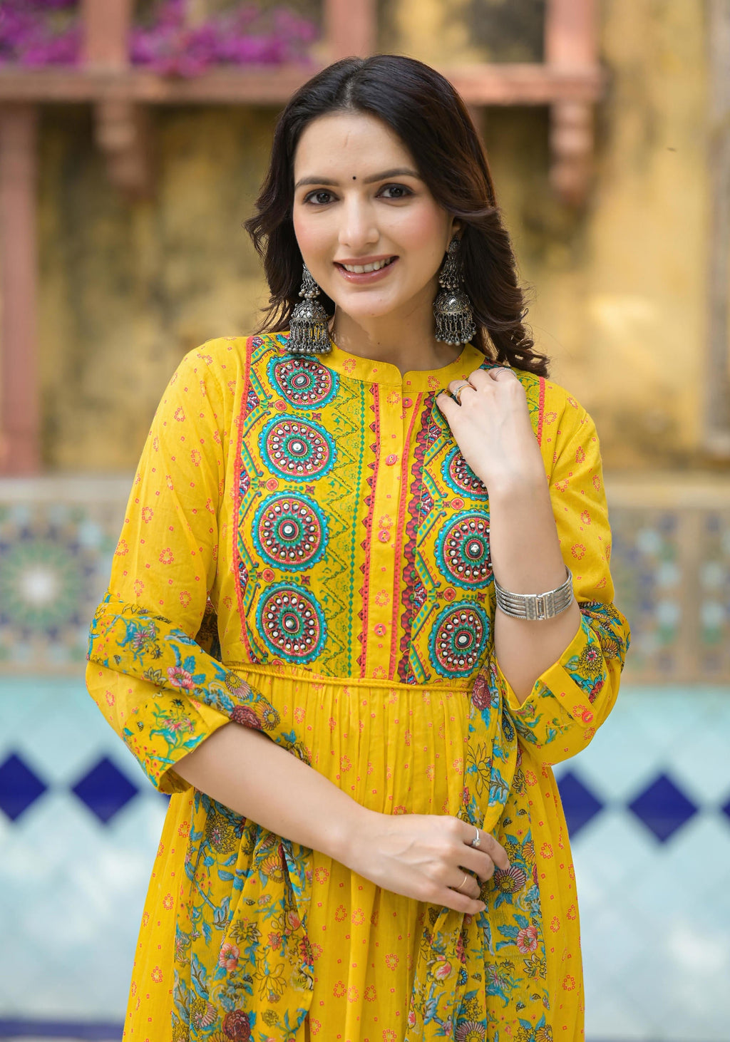 Juniper Mustard Floral Long Dress With Dupatta - Distacart