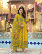 Juniper Mustard Floral Long Dress With Dupatta - Distacart