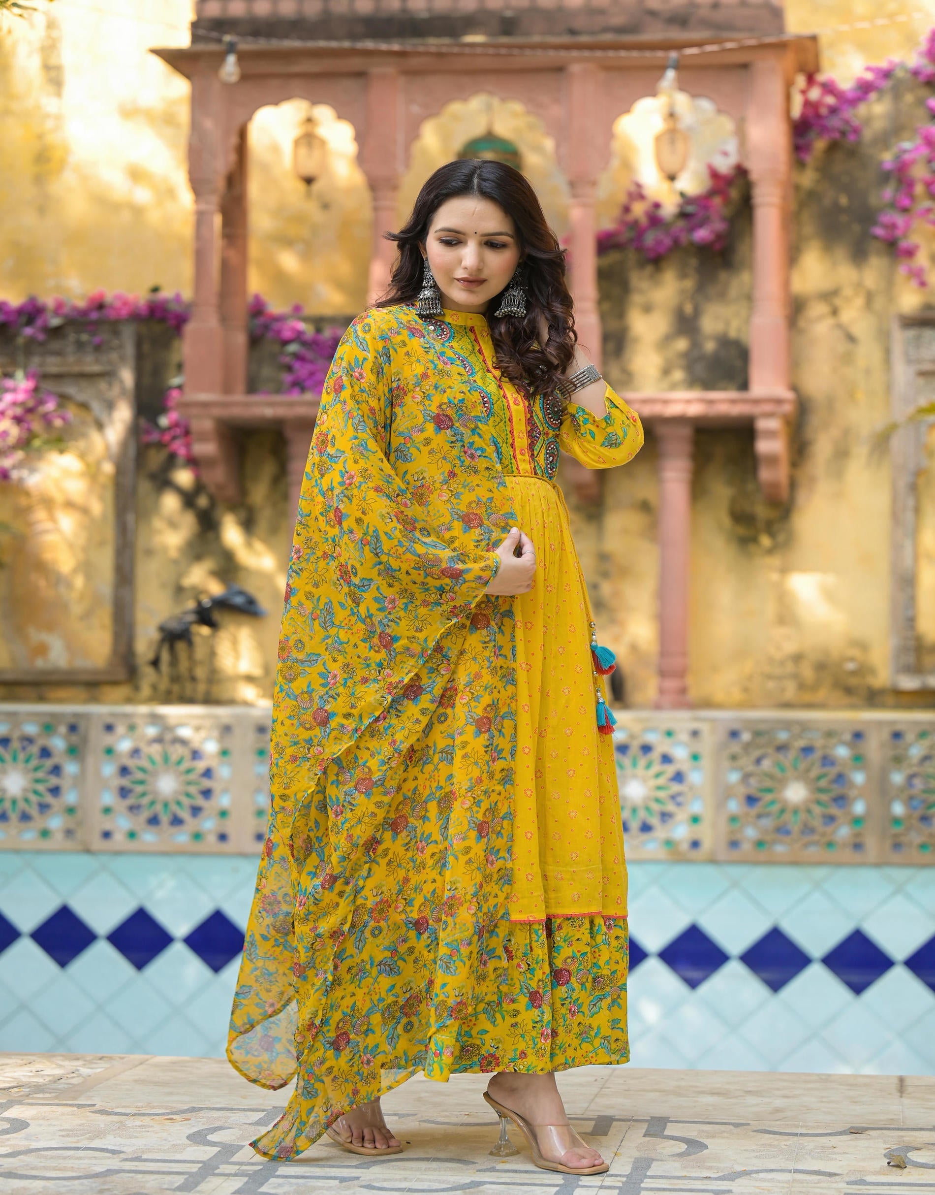 Juniper Mustard Floral Long Dress With Dupatta - Distacart