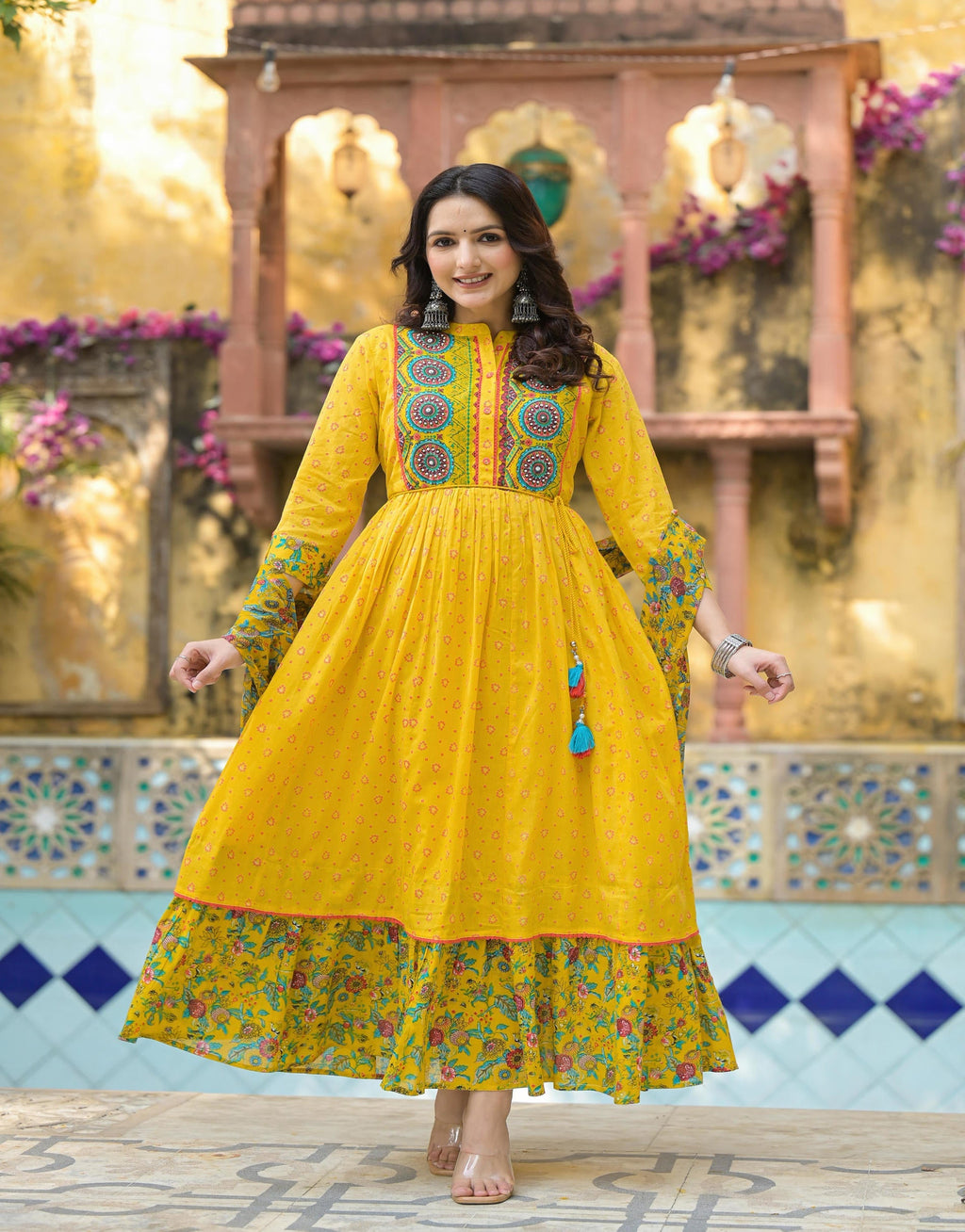 Juniper Mustard Floral Long Dress With Dupatta - Distacart