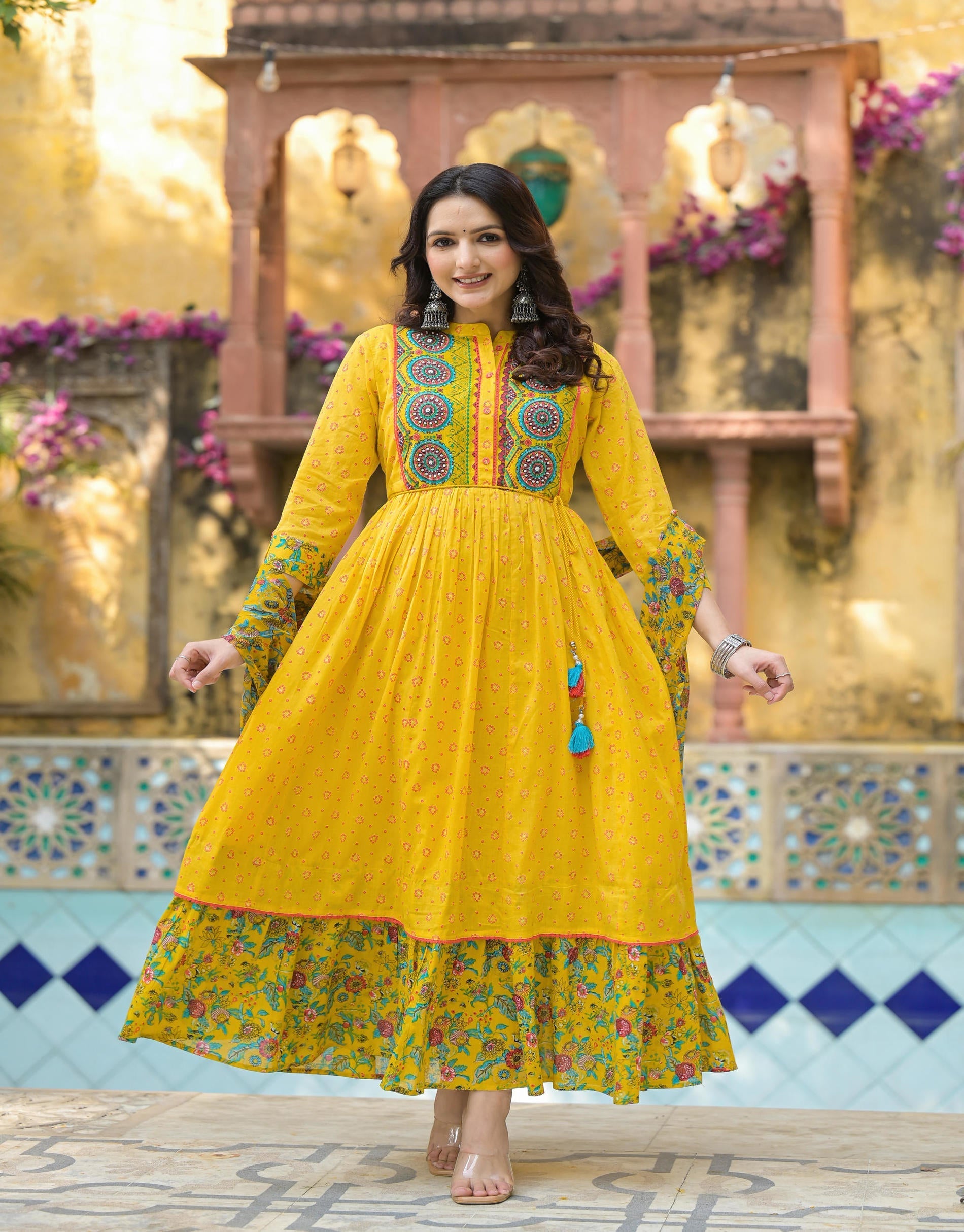 Juniper Mustard Floral Long Dress With Dupatta - Distacart