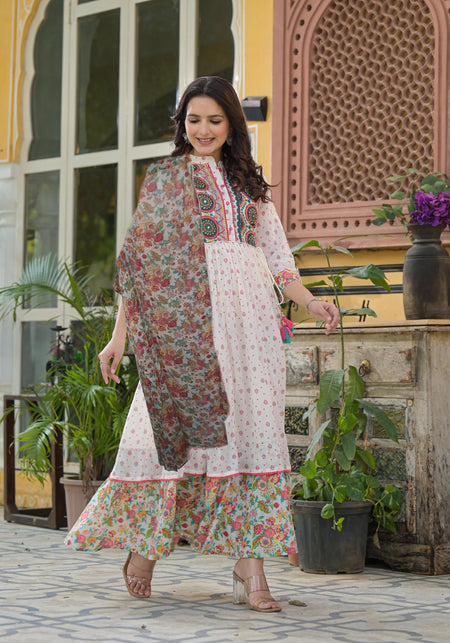 Juniper Off White Floral Long Dress With Dupatta