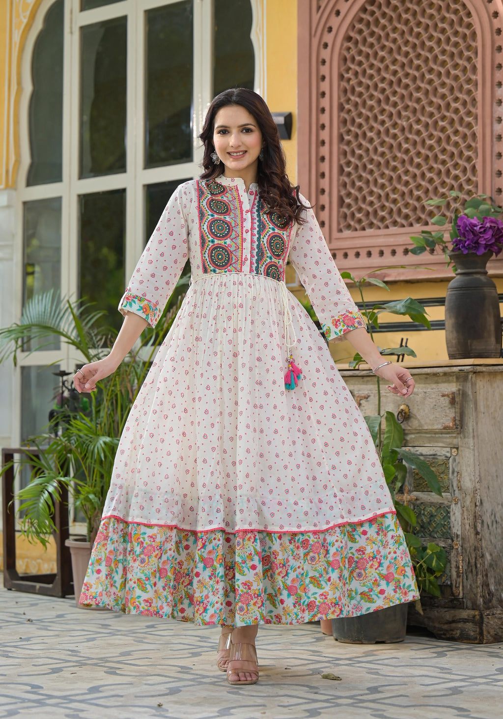 Juniper Off White Floral Long Dress With Dupatta - Distacart