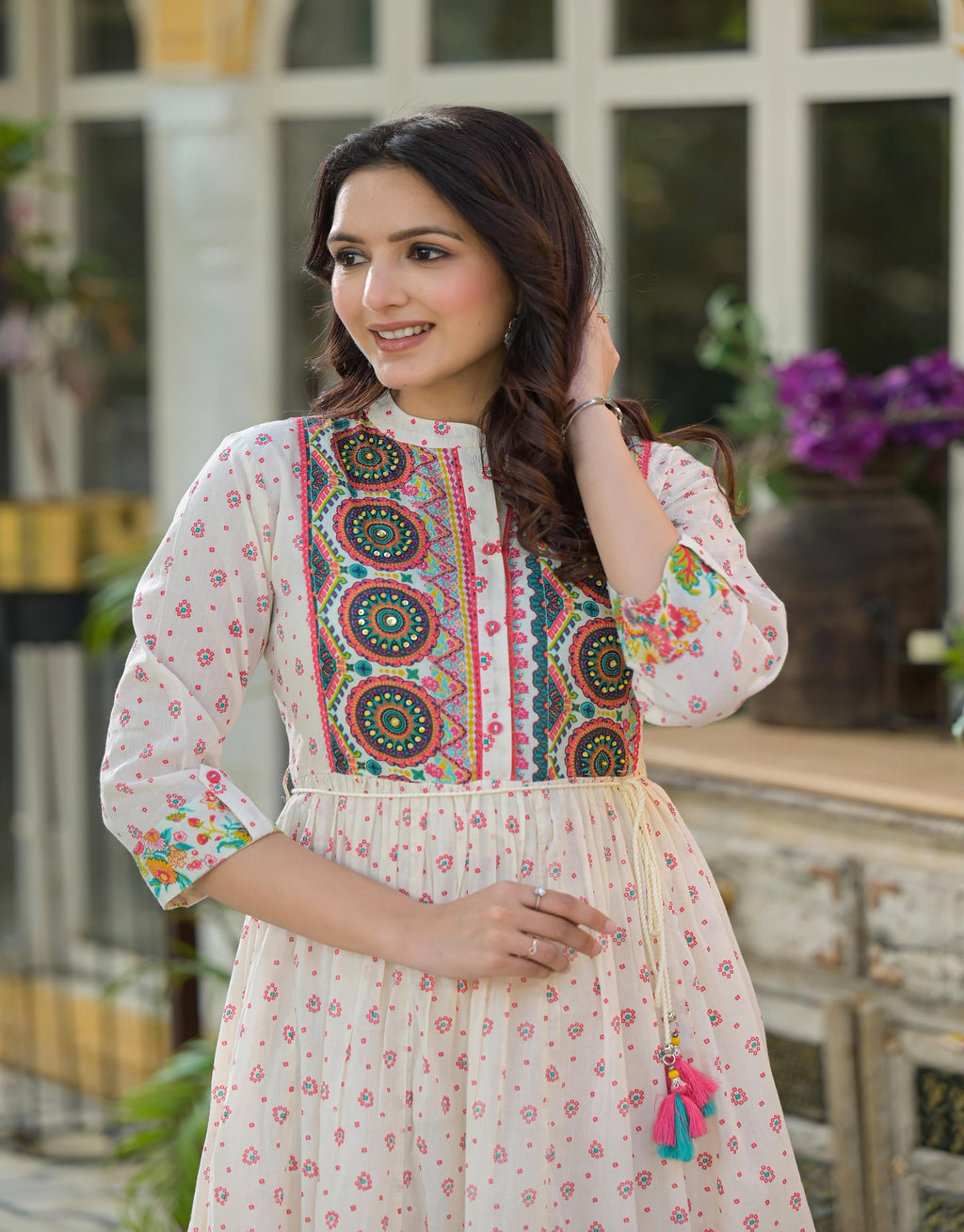 Juniper Off White Floral Long Dress With Dupatta - Distacart