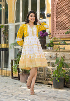 Juniper Mustard Ethnic Motif Printed Cotton Short Dress With Mirror Work & Lace - Distacart