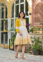 Juniper Mustard Ethnic Motif Printed Cotton Short Dress With Mirror Work & Lace - Distacart