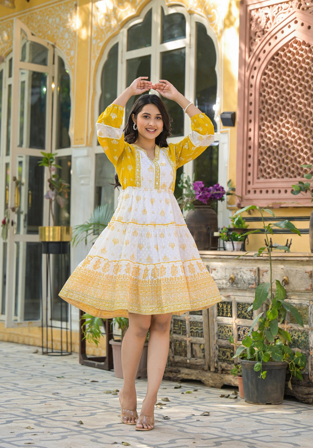 Juniper Mustard Ethnic Motif Printed Cotton Short Dress With Mirror Work & Lace - Distacart