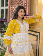 Juniper Mustard Ethnic Motif Printed Cotton Short Dress With Mirror Work & Lace - Distacart