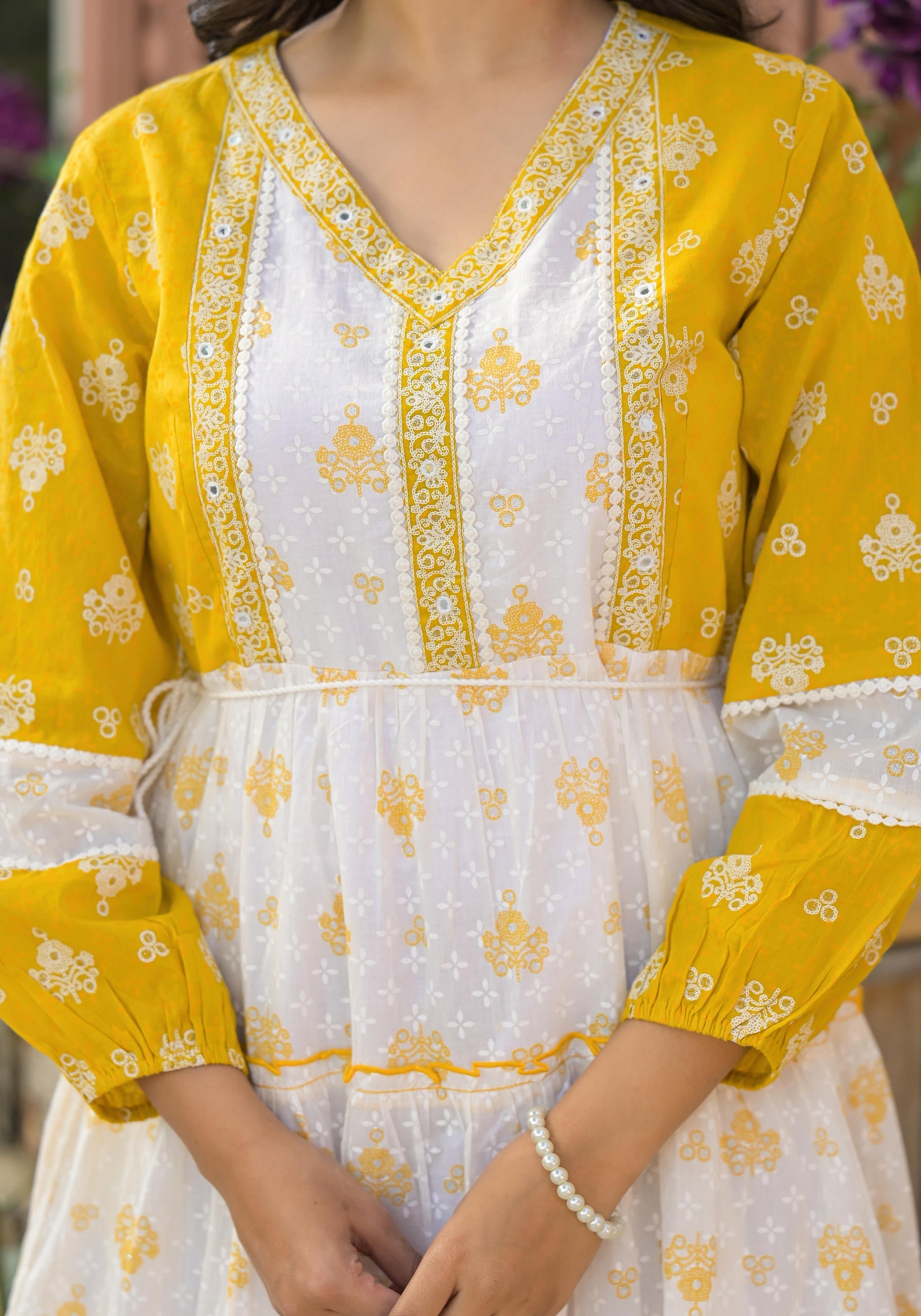 Juniper Mustard Ethnic Motif Printed Cotton Short Dress With Mirror Work & Lace - Distacart