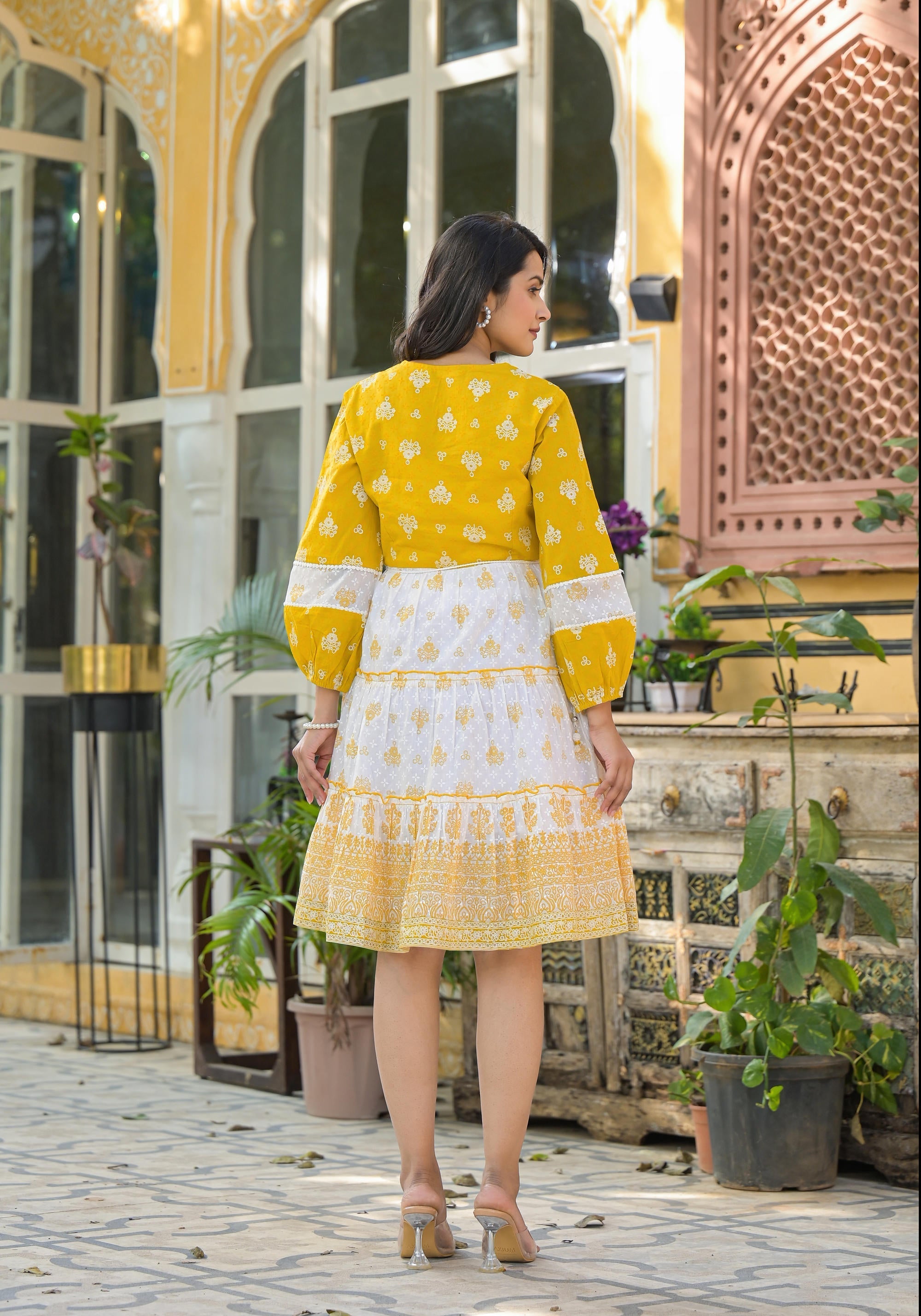 Juniper Mustard Ethnic Motif Printed Cotton Short Dress With Mirror Work & Lace - Distacart