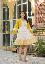 Juniper Mustard Ethnic Motif Printed Cotton Short Dress With Mirror Work & Lace - Distacart