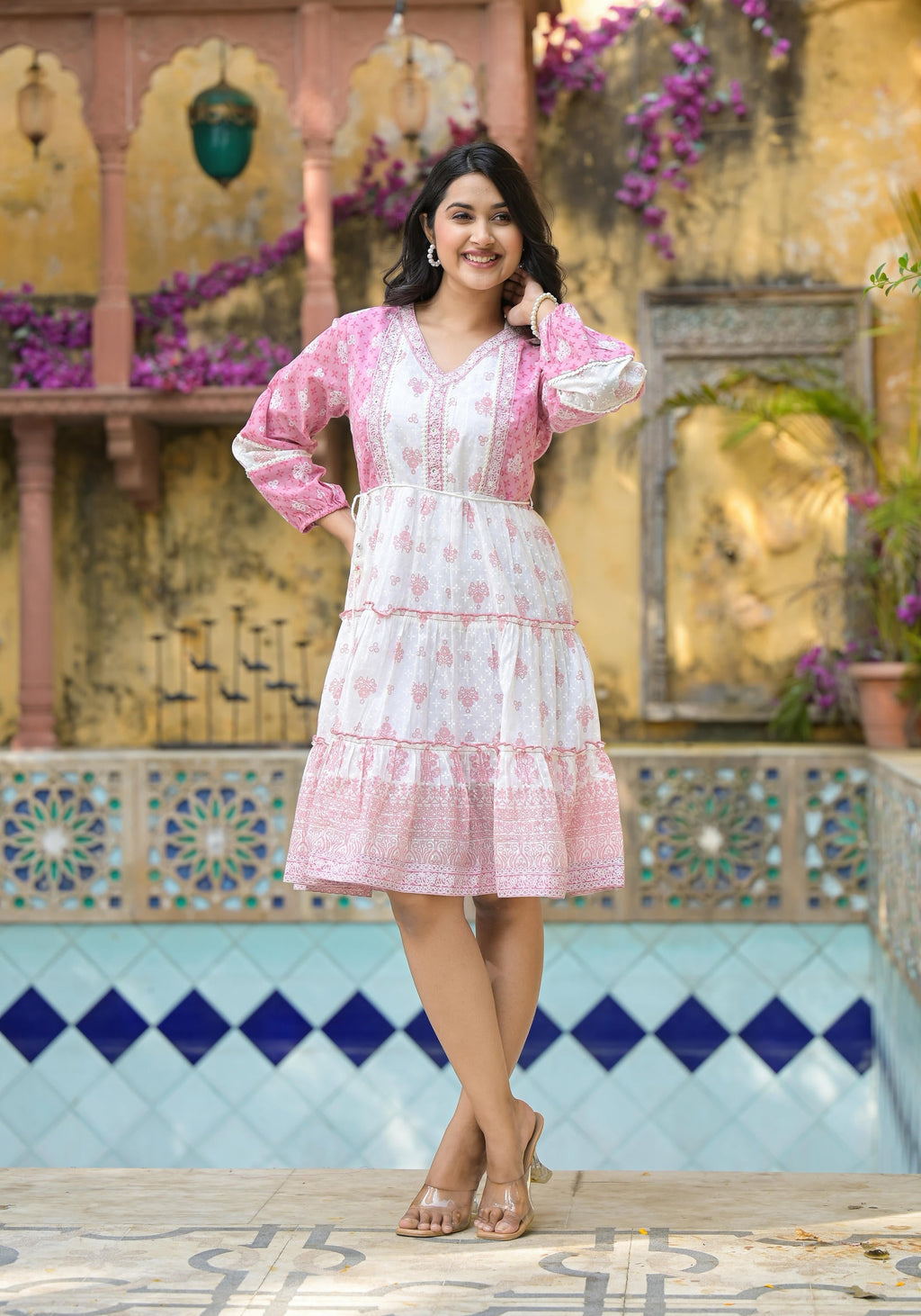 Juniper Onion Pink Ethnic Motif Printed Cotton Short Dress With Mirror Work & Lace - Distacart