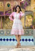 Juniper Onion Pink Ethnic Motif Printed Cotton Short Dress With Mirror Work & Lace - Distacart