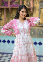 Juniper Onion Pink Ethnic Motif Printed Cotton Short Dress With Mirror Work & Lace - Distacart