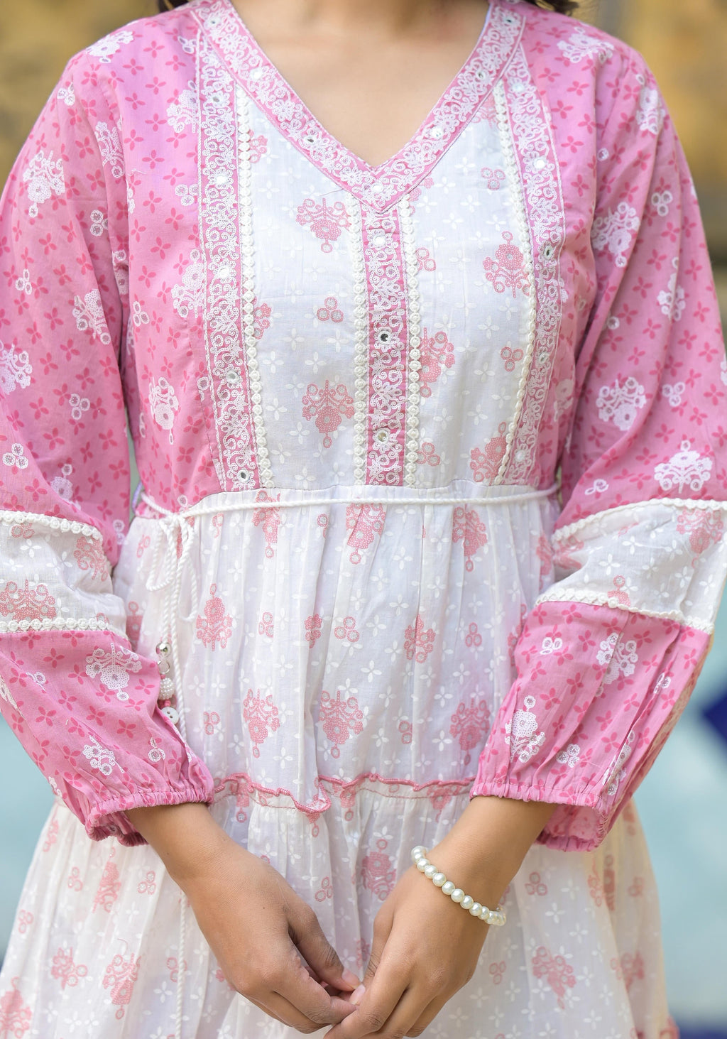 Juniper Onion Pink Ethnic Motif Printed Cotton Short Dress With Mirror Work & Lace - Distacart