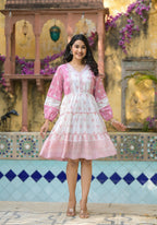 Juniper Onion Pink Ethnic Motif Printed Cotton Short Dress With Mirror Work & Lace - Distacart
