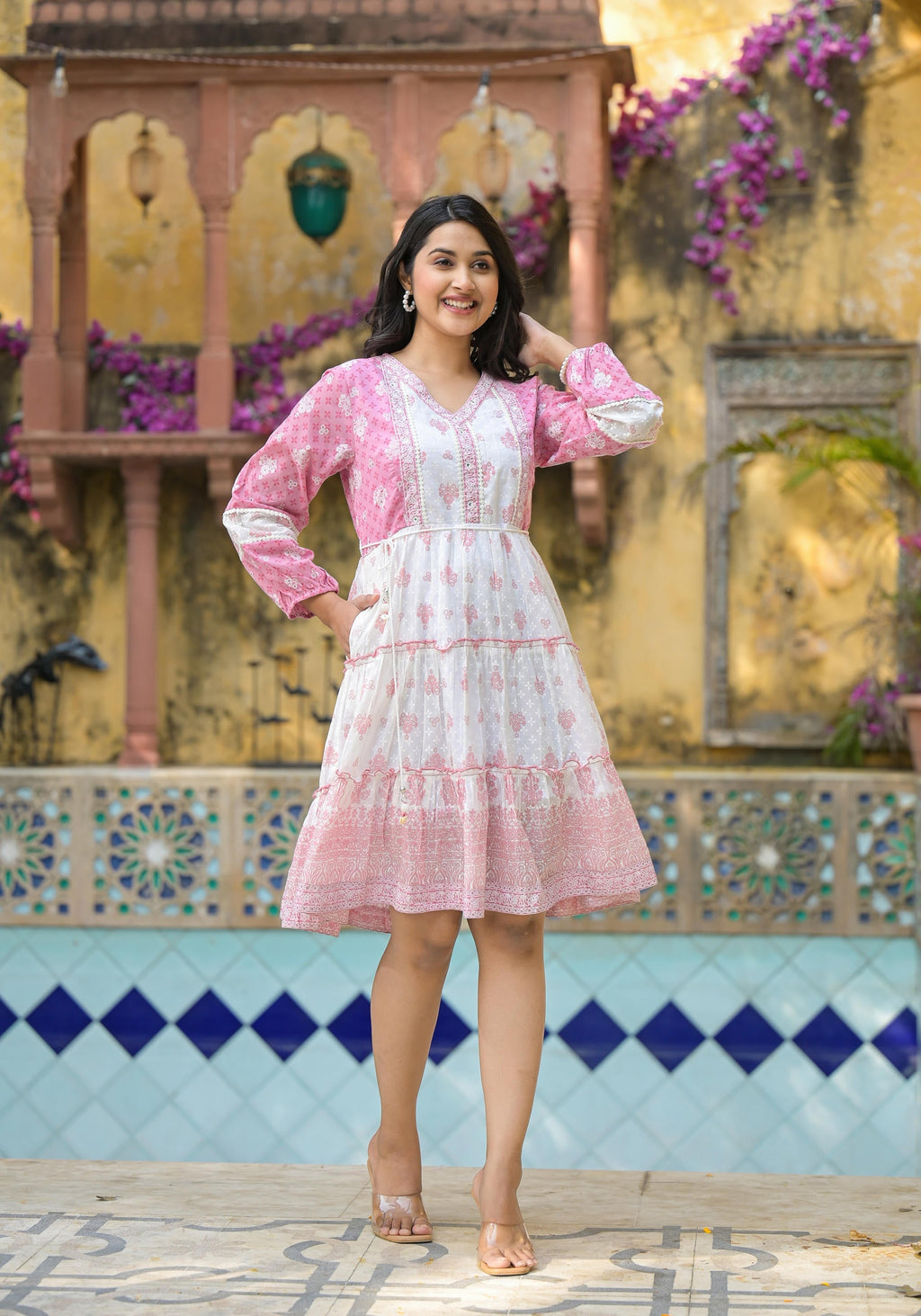 Juniper Onion Pink Ethnic Motif Printed Cotton Short Dress With Mirror Work & Lace - Distacart