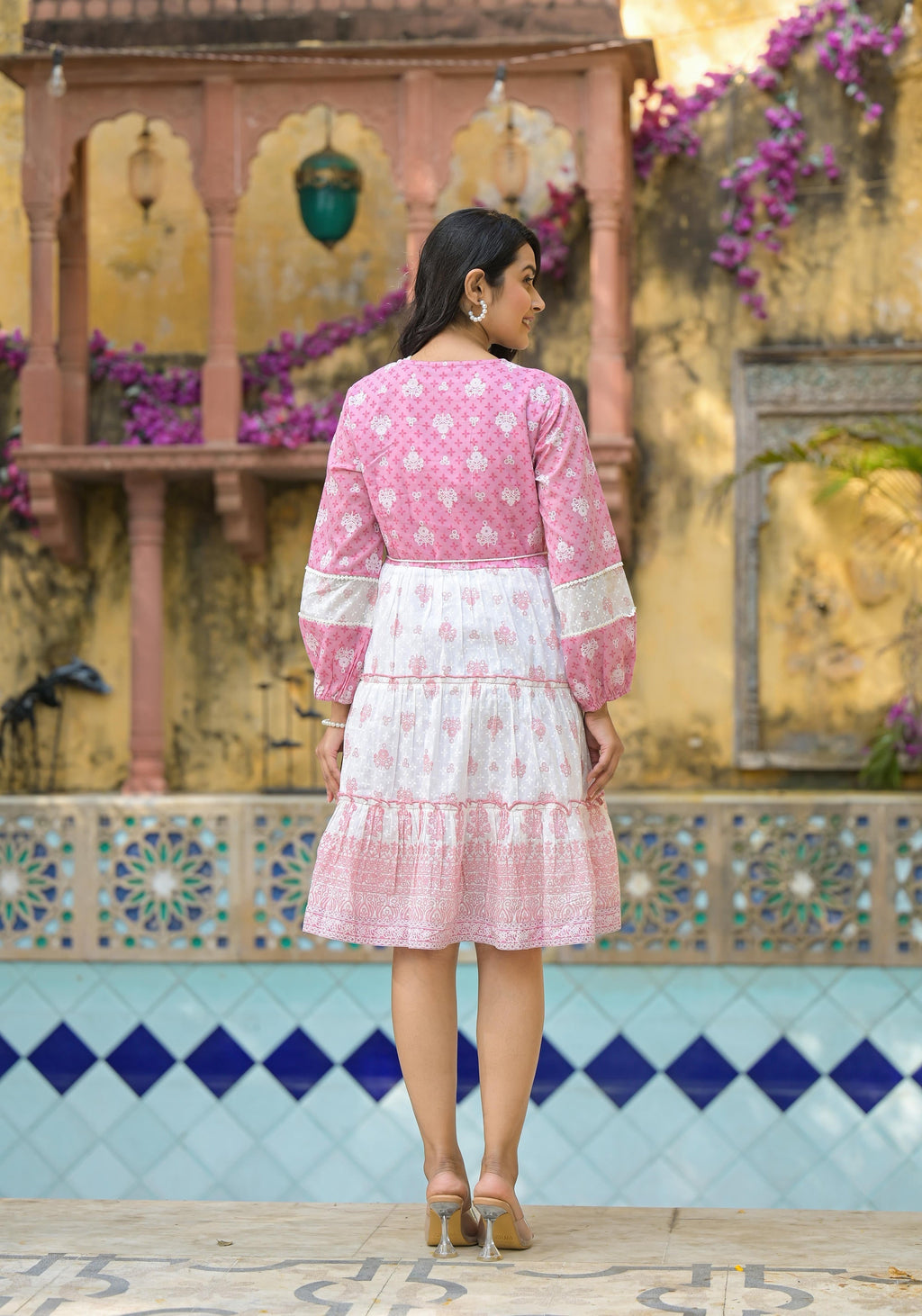 Juniper Onion Pink Ethnic Motif Printed Cotton Short Dress With Mirror Work & Lace - Distacart