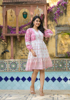 Juniper Onion Pink Ethnic Motif Printed Cotton Short Dress With Mirror Work & Lace - Distacart