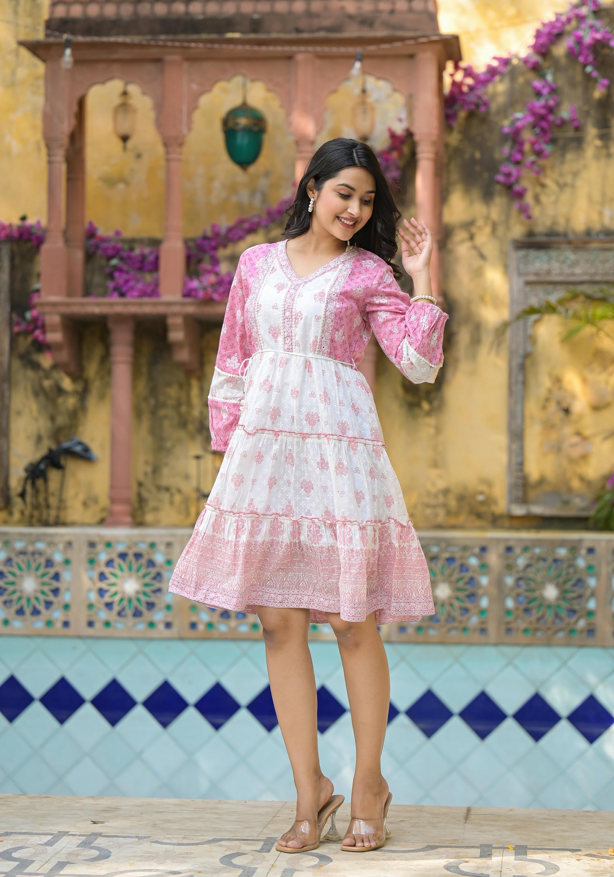 Juniper Onion Pink Ethnic Motif Printed Cotton Short Dress With Mirror Work & Lace - Distacart