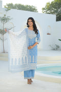 Juniper Sky Blue Embroidered Cotton Suit Set With Dupatta - Distacart
