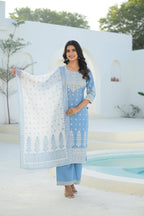 Juniper Sky Blue Embroidered Cotton Suit Set With Dupatta - Distacart