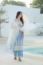Juniper Sky Blue Embroidered Cotton Suit Set With Dupatta - Distacart