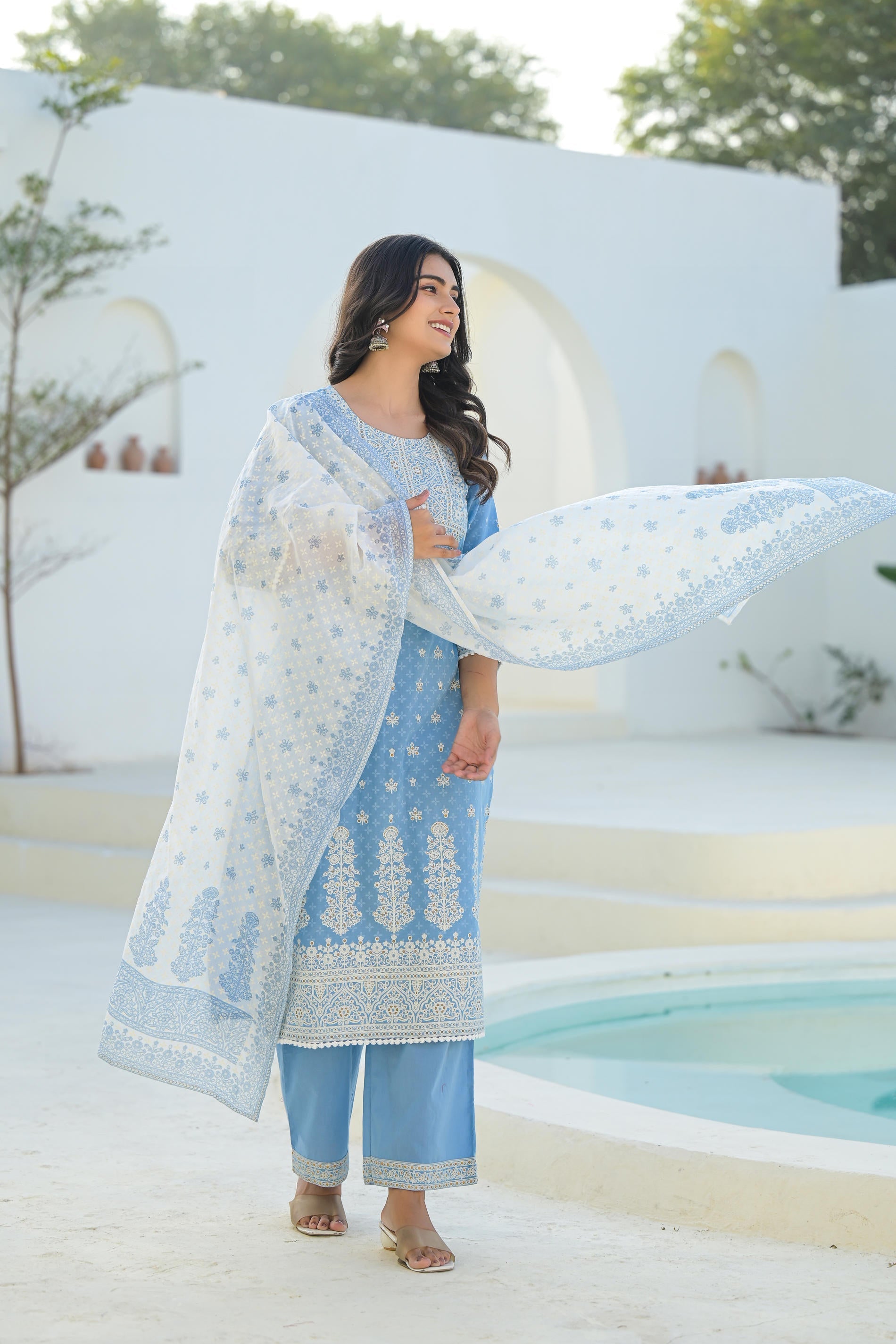 Juniper Sky Blue Embroidered Cotton Suit Set With Dupatta - Distacart