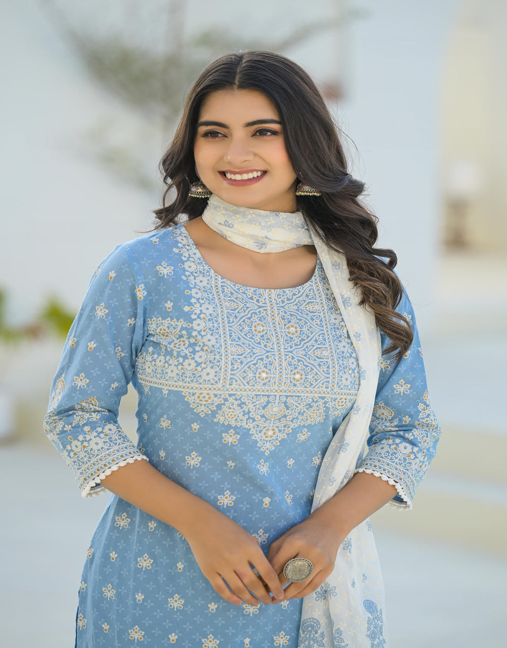 Juniper Sky Blue Embroidered Cotton Suit Set With Dupatta - Distacart