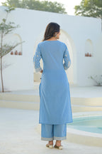 Juniper Sky Blue Embroidered Cotton Suit Set With Dupatta - Distacart