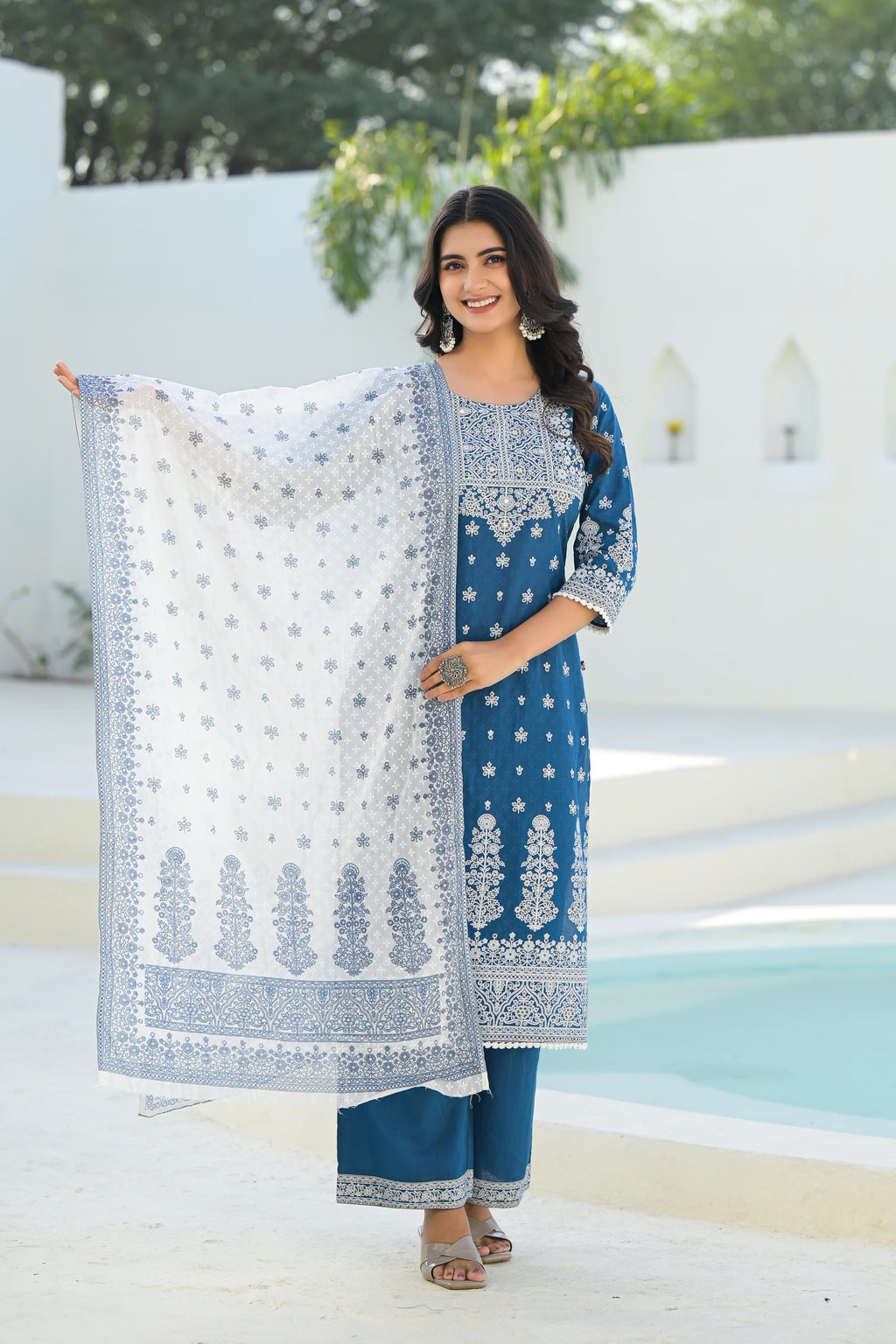 Juniper Indigo Embroidered Cotton Suit Set With Dupatta - Distacart