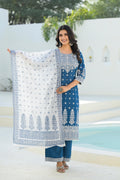 Juniper Indigo Embroidered Cotton Suit Set With Dupatta - Distacart