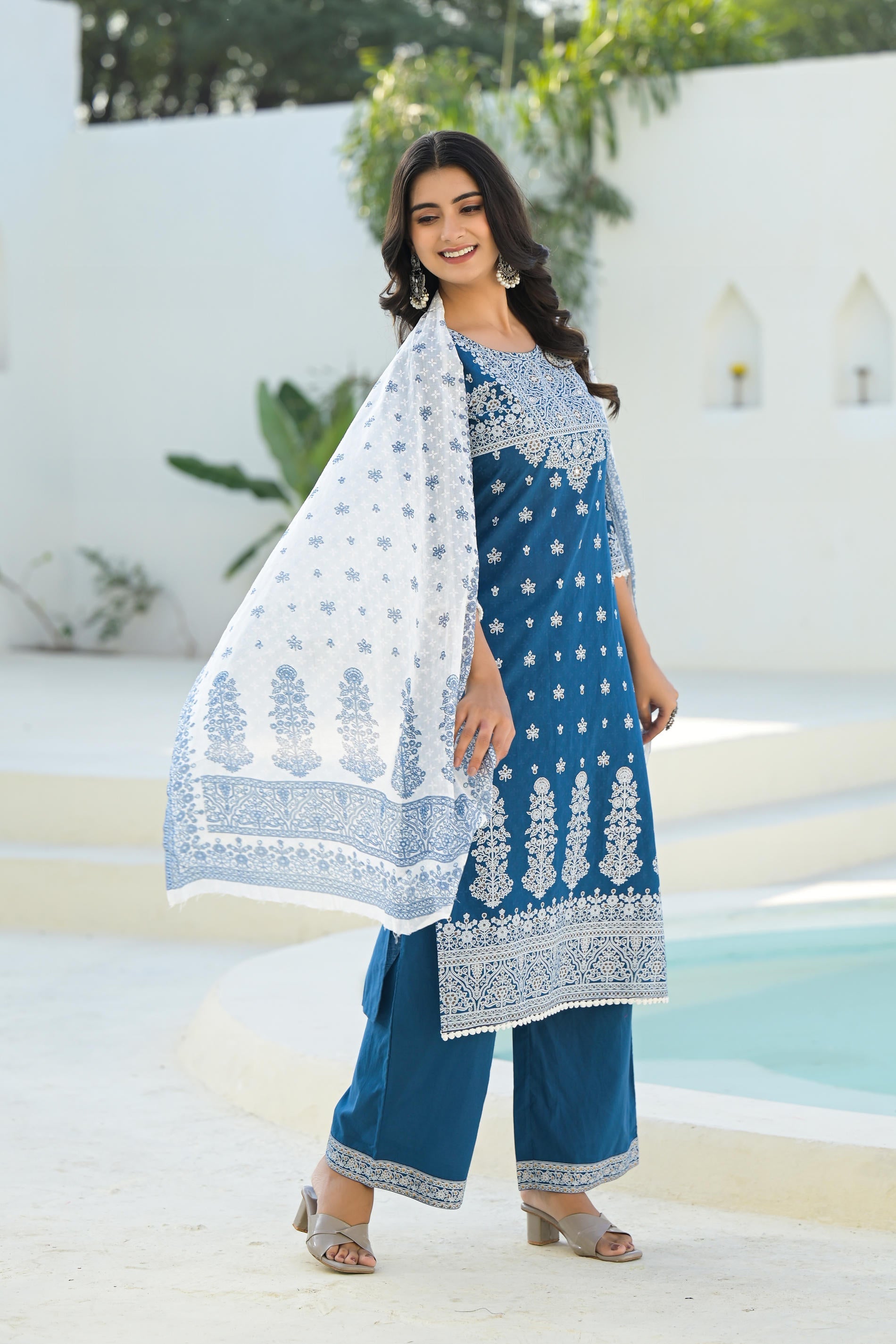 Juniper Indigo Embroidered Cotton Suit Set With Dupatta - Distacart