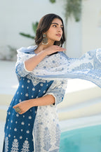 Juniper Indigo Embroidered Cotton Suit Set With Dupatta - Distacart
